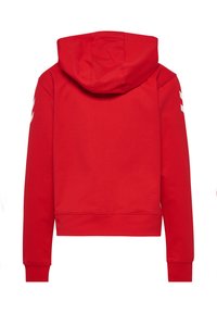 Roter Hoodie aus Baumwolle mit Kordelzugkapuze und gerippten Bündchen, im cropped Design und mit einem weißen Logodetail am Ärmel.
