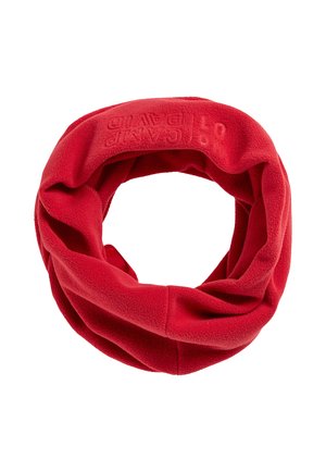Red fleece neck warmer with a circular shape, featuring a soft texture and no additional patterns or hardware. Brand logo embossed.