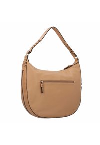 Borsa a spalla in pelle marrone chiaro con forma curva, dettaglio della tracolla intrecciata, tasca frontale con zip e rifiniture a contrasto nere. Texture liscia.