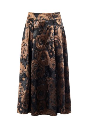 Gonna midi a campana in tessuto nero con grandi motivi di rose bronzee. Texture liscia con vita aderente.