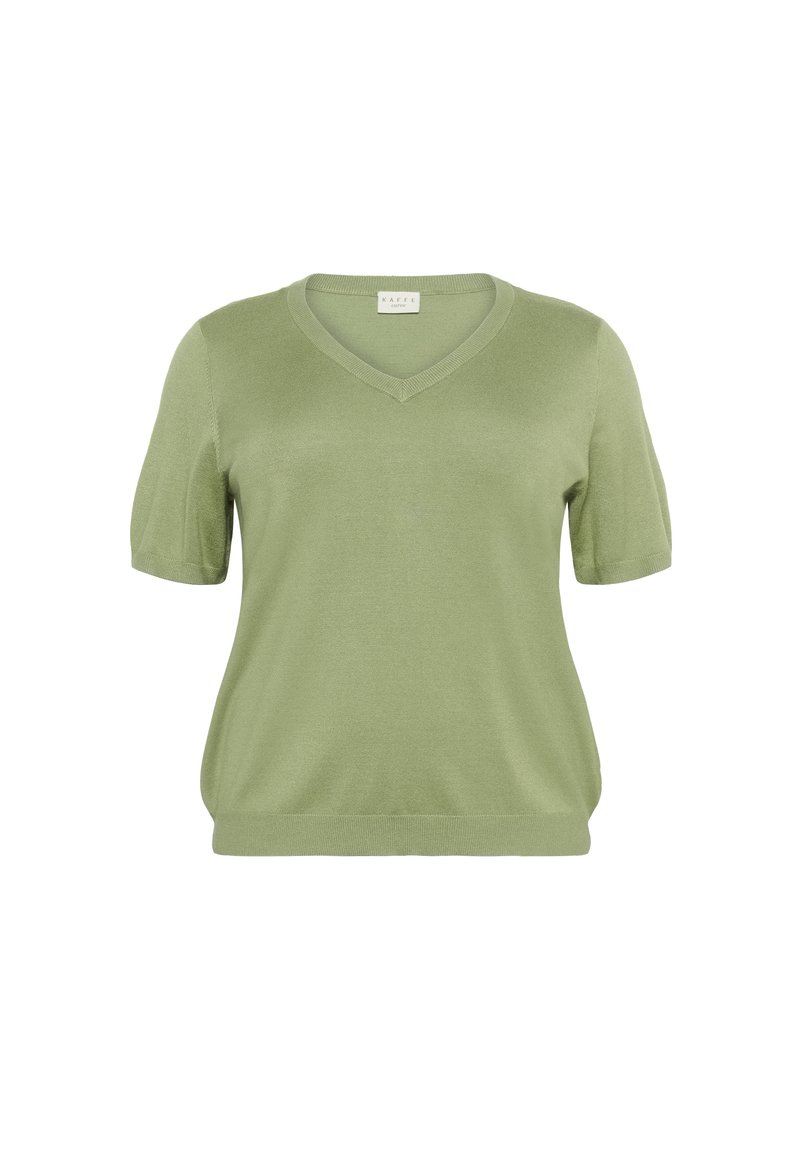 Krótki rękaw, bluzka z dekoltem w serek w jasnym zielonym kolorze, wykonana z gładkiego dzianiny. Charakteryzuje się luźnym krojem oraz prążkowanym wykończeniem dekoltu i dołu.