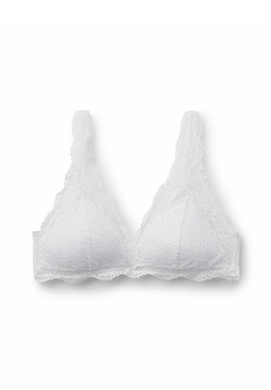 Bralette en dentelle blanche avec bords festonnés, bonnets triangulaires et bretelles réglables, posé à plat sur un fond blanc.