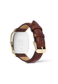 Square stainless steel watch with a gold-colored case and brown leather strap. Notable details: embossed brand logo and buckle.