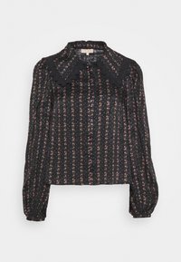 Blusa nera a maniche lunghe con colletto in pizzo, caratterizzata da un motivo floreale e da strisce verticali. Chiusura frontale con bottoni e maniche a sbuffo.
