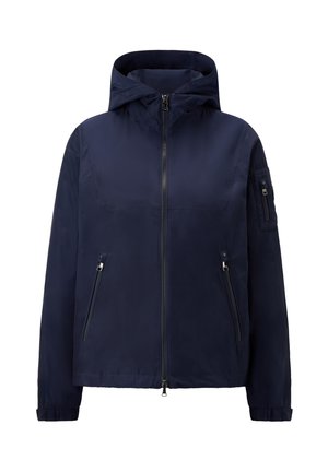 Navy blue hooded jacket made of smooth, lightweight material. Features a front zipper, two side pockets, and an additional zipped sleeve pocket.