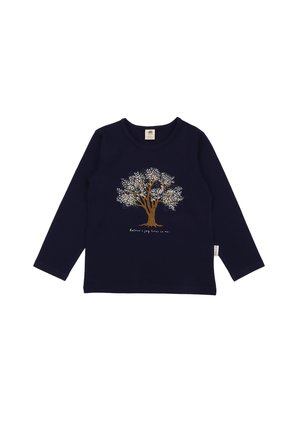 Navy long-sleeve shirt with a detailed blossoming tree graphic and text "Nature's joy lives in me" at the center front.