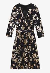 Robe portefeuille noire à manches longues avec imprimé floral beige et taille cintrée, longueur au genou.