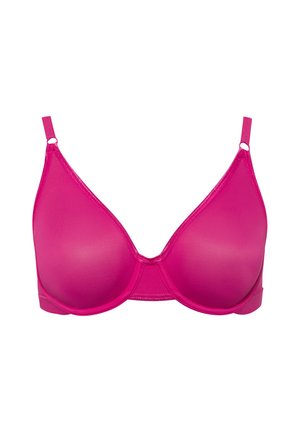 Rosa BH aus glattem, dehnbarem Material mit vorgeformten Cups und verstellbaren Trägern. Verfügt über Haken auf der Rückseite zur sicheren Befestigung.