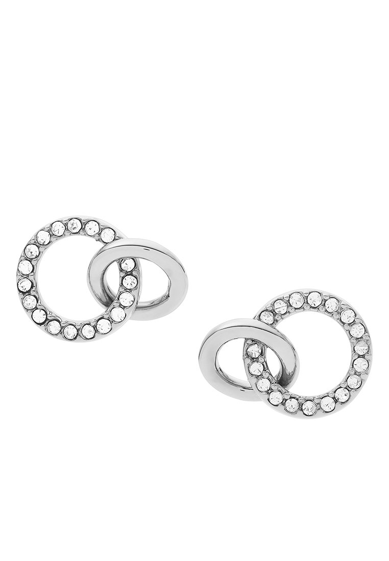 Ohrringe aus silberfarbenem Metall mit ineinander verschlungenen kreisförmigen Designs, die entlang einer äußeren Kante mit klaren Rhinestones akzentuiert sind.