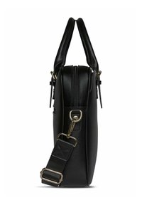 Schwarze synthetische Lederhandtasche in rechteckiger Form. Mit einem oberen Griff, verstellbarem Schultergurt und goldfarbenen Hardware-Akzenten. Reißverschlussverschluss.