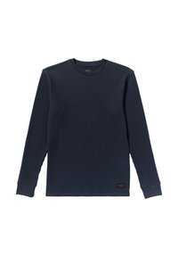 Marineblaues Langarm-Thermoshirt mit strukturiertem Rippdesign, Rundhalsausschnitt und einfarbigen Bündchen. Enthält ein kleines Markenakzent-Label.