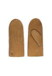 Braune Wildlederhandschuhe mit glatter Textur und abgerundeten Oberseiten. Sie verfügen über drei dekorative Nähte auf einem Handschuh und eine Daumenkappe.