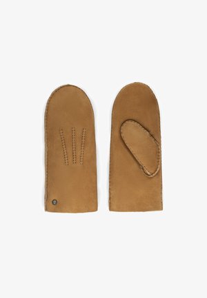 Braune Wildlederhandschuhe mit glatter Textur und abgerundeten Oberseiten. Sie verfügen über drei dekorative Nähte auf einem Handschuh und eine Daumenkappe.