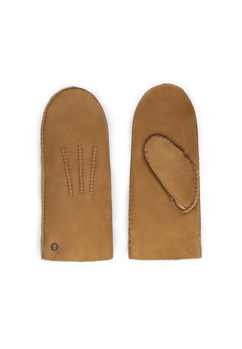 Braune Wildlederhandschuhe mit glatter Textur und abgerundeten Oberseiten. Sie verfügen über drei dekorative Nähte auf einem Handschuh und eine Daumenkappe.