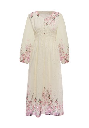 Cremefarbenes Midikleid mit langen Ärmeln, pinkem Blumenprint, Lochstickerei, figurbetonter Taille und geknöpftem V-Ausschnitt.
