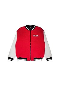 Giacca bomber rossa con maniche bianche, collo e polsini a coste neri, chiusura con zip, con un logo grafico sul petto. Texture liscia.
