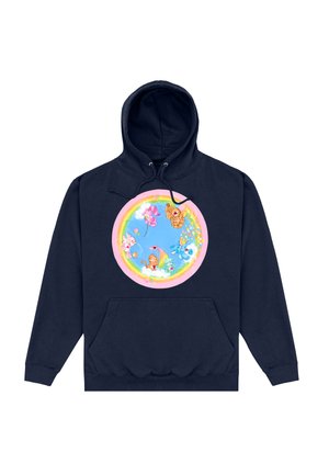 Granatowy hoodie z różową okrągłą grafiką przedstawiającą kolorowe postacie z kreskówek, chmury oraz tęczę w centrum.