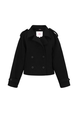 Melnā īsā peacoat, kas izgatavota no vilnas maisījuma, ar dubultās auklas pogām, lielām apkaklēm un plecu epauletiem. Mīksta tekstūra, pielāgota piegriezums.