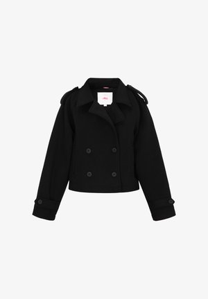 Melnā īsā peacoat, kas izgatavota no vilnas maisījuma, ar dubultās auklas pogām, lielām apkaklēm un plecu epauletiem. Mīksta tekstūra, pielāgota piegriezums.