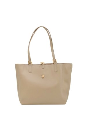 Borsa tote in pelle beige con due manici lunghi, hardware color oro e un piccolo logo sulla parte anteriore. Texture liscia, interni spaziosi.