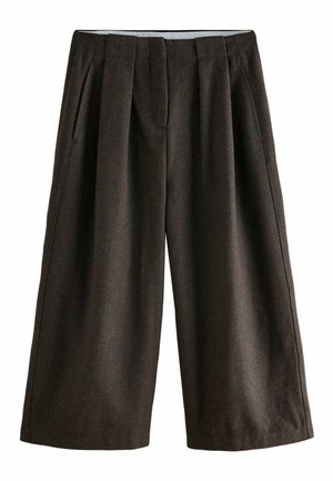 Pantalon large en laine brun foncé avec plis, poches latérales et fermeture éclair frontale.
