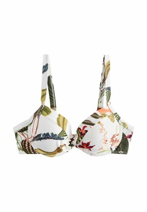 Bikinitop met bloemmotief, voorzien van vormgegoten cups, verstelbare bandjes en een geknoopt detail in het midden. Voornamelijk wit met groene en roze accenten.