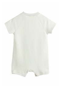 Short-sleeve, light green striped onesie made from soft fabric, featuring a round neck and snap closure at the bottom for easy dressing.