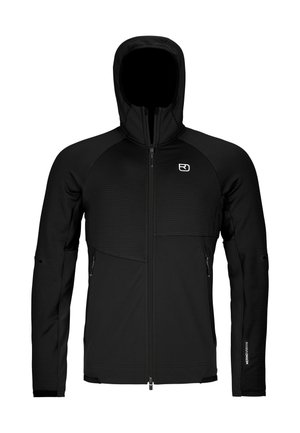 Black full-zip hoodie with two front zip pockets, textured fabric upper sections, and a small white logo on the left chest.