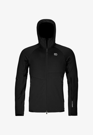 Black full-zip hoodie with two front zip pockets, textured fabric upper sections, and a small white logo on the left chest.