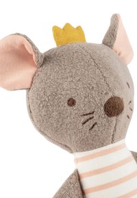 Plüsch graue Maus-Spielzeug mit weichem Stoff, pinken Innenohren, einer gelben Krone und einem gestreiften Körper in Weiß und Pfirsichfarben. Bestickte Gesichtszüge.