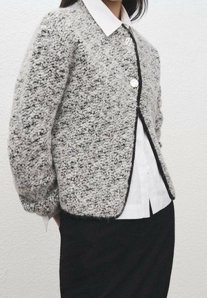 Vrouw die een grijze gebreide cardigan met knopen draagt over een wit overhemd met kraag en een zwarte rok, staand tegen een effen lichte achtergrond.