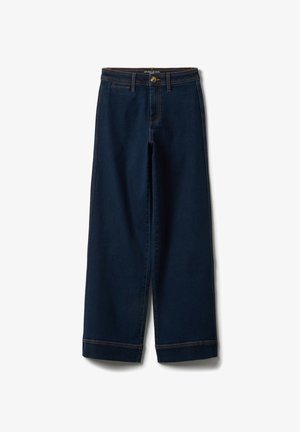 Donkerblauwe wijde denim jeans met een knoop- en ritssluiting, lussen voor een riem en omgeslagen zoom.