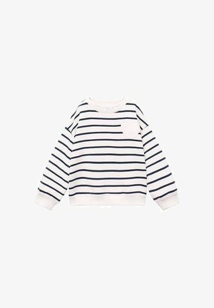 Raidallinen huppari luonnonvalkoisena, jossa tummansinisiä vaakaraitoja, pyöreä kaula-aukko, pitkät hihat ja sydämenmuotoinen tasku vasemmalla rinnalla.