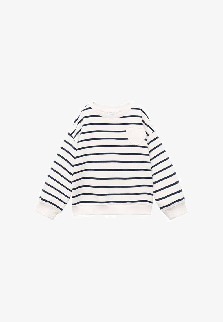 Felpa a righe di colore crema con righe orizzontali blu navy, scollatura rotonda, maniche lunghe e una tasca a forma di cuore sul lato sinistro del petto.