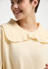 Cremfarbener Strickpullover mit einem breiten, gerippten Kragen und einem zentralen Schleifendetail. Weiche Textur mit lässiger Passform und subtilen Nähten.