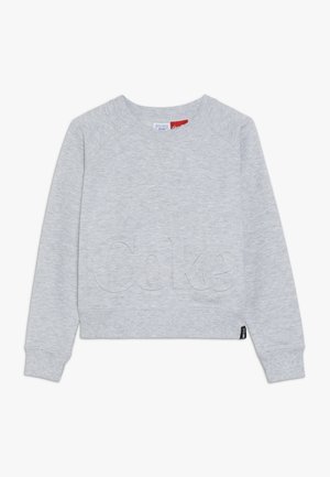 Jasnoszara bluza z długim rękawem, z prążkowanymi mankietami i dołem, z wytłoczonym napisem „Coke” z przodu oraz małą czarną metką na dole.