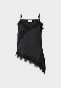 Μαύρο σατέν καμουσόλ με ασύμμετρο τελείωμα και μαύρη δαντέλα, με λεπτές τιράντες και εσωτερική ετικέτα μάρκας στο ντεκολτέ.