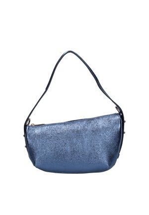 Kleine metallic blauwe handtas met enkel bandje en ritssluiting, gemaakt van een getextureerd, leerachtig materiaal.