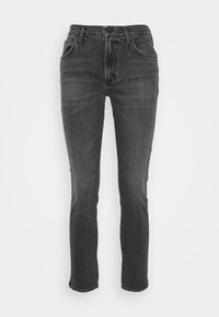 Šedé džínové kalhoty se slim fit střihem, pěti kapsami a zapínáním na knoflíky. Tkanina má hladkou strukturu s jemnými detaily blednutí.