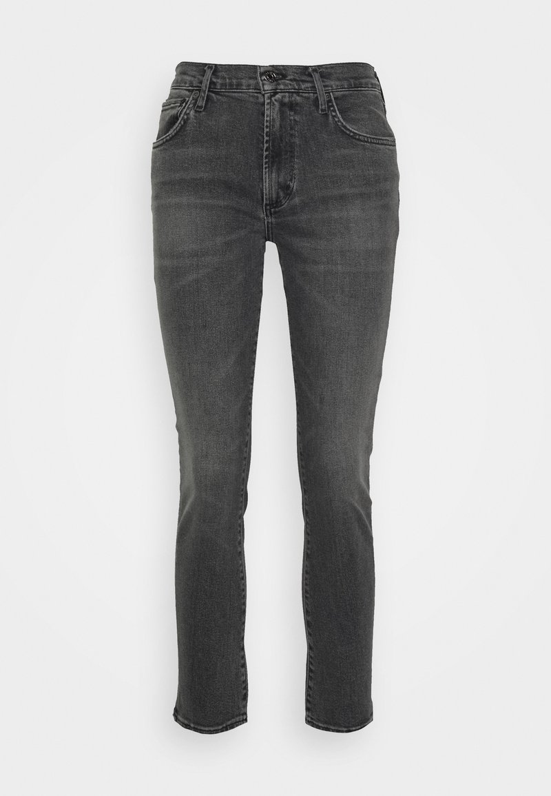 Šedé džínové kalhoty se slim fit střihem, pěti kapsami a zapínáním na knoflíky. Tkanina má hladkou strukturu s jemnými detaily blednutí.