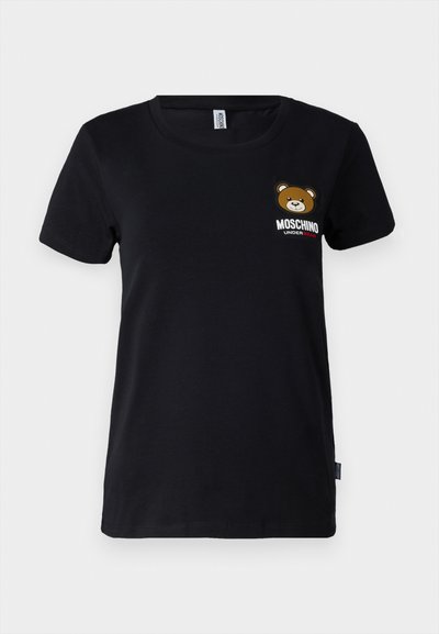Juodas medvilnės marškinėliai su apvaliu kaklu ir trumpomis rankovėmis. Kairėje krūtinės pusėje pavaizduota meškos grafika ir užrašas "MOSCHINO UNDERWEAR".