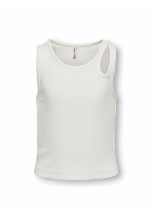 Débardeur blanc à côtes avec un col rond et une fine bretelle. Il présente une petite découpe sur le côté gauche. Fabriqué en tissu extensible.