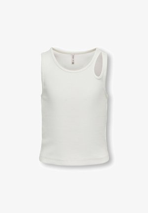 Débardeur blanc à côtes avec un col rond et une fine bretelle. Il présente une petite découpe sur le côté gauche. Fabriqué en tissu extensible.