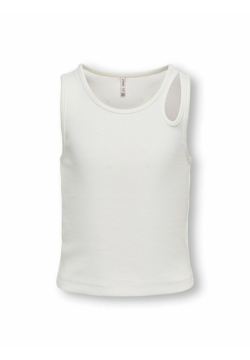 Débardeur blanc à côtes avec un col rond et une fine bretelle. Il présente une petite découpe sur le côté gauche. Fabriqué en tissu extensible.