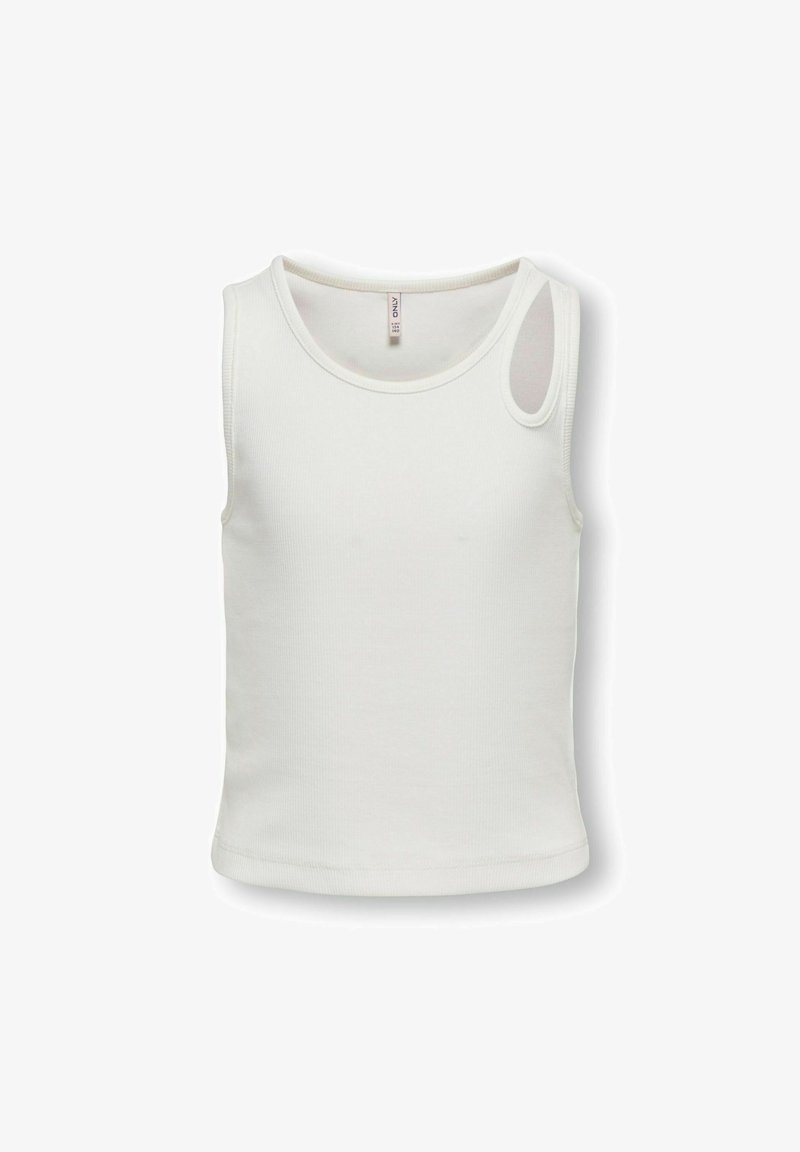 Débardeur blanc à côtes avec un col rond et une fine bretelle. Il présente une petite découpe sur le côté gauche. Fabriqué en tissu extensible.