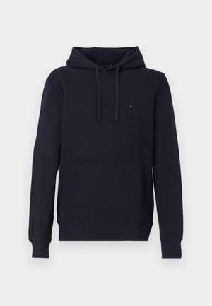 Navy blue hoodie made of soft fabric, featuring a front pouch pocket, drawstring hood, and small logo on the chest. Ribbed cuffs and hem.