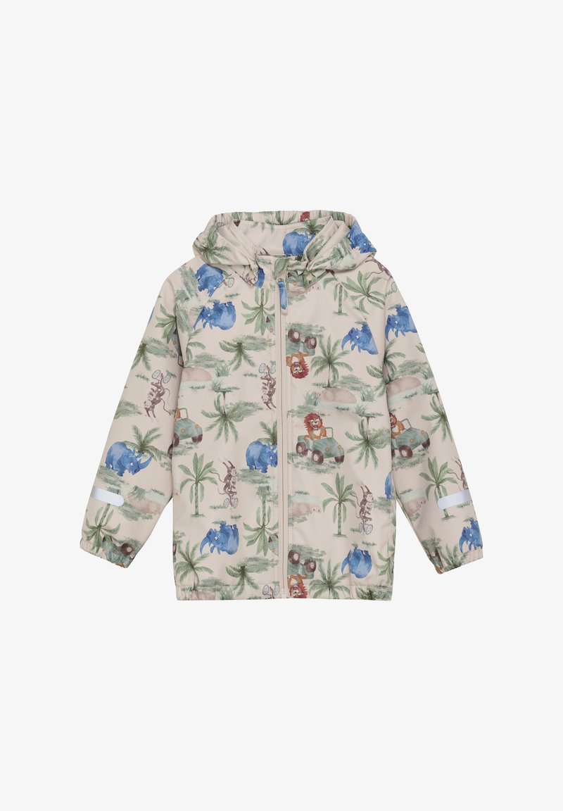 Chaqueta de lluvia ligera y beis que presenta un divertido estampado de animales y vehículos en tonos azules y verdes, con capucha y puños elásticos.