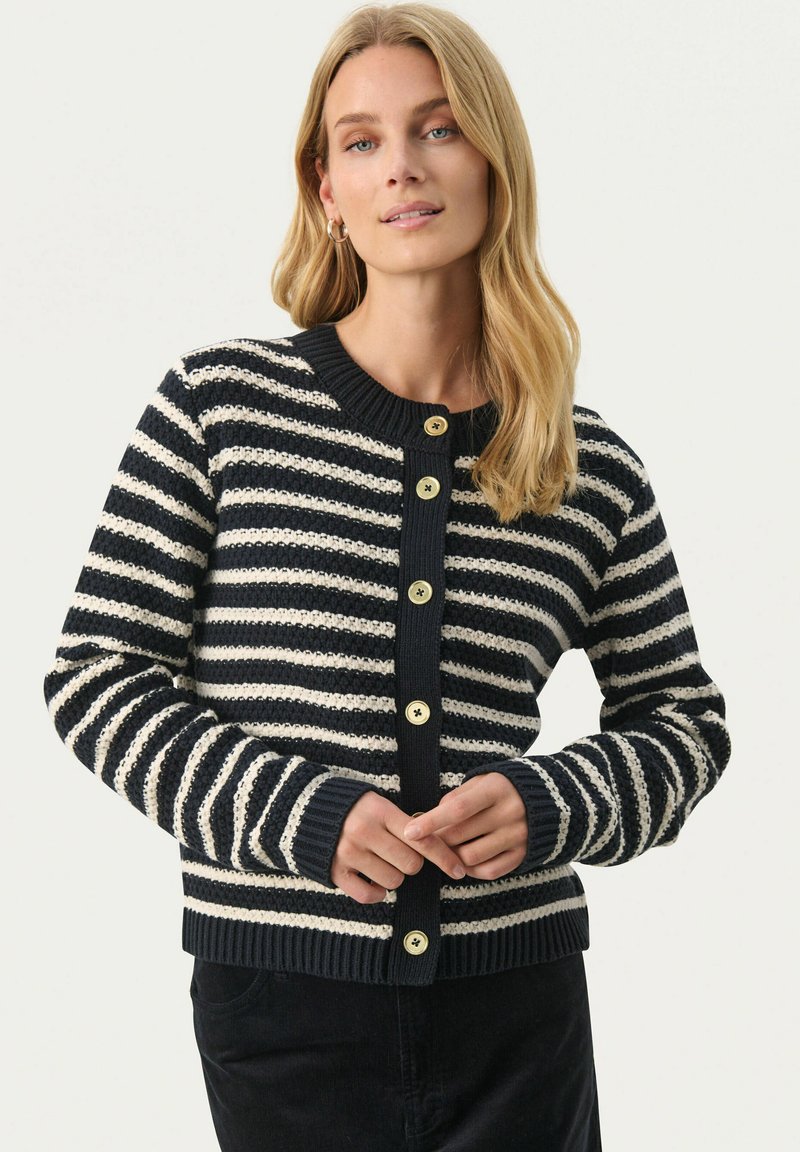 Navy and cream striped cardigan with round neckline, ribbed cuffs and hem, featuring gold-tone button closures, textured knit fabric.
