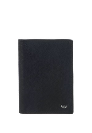 Portefeuille en cuir noir texturé avec petit logo taureau argenté en bas à droite, fermé et photographié sur fond blanc.