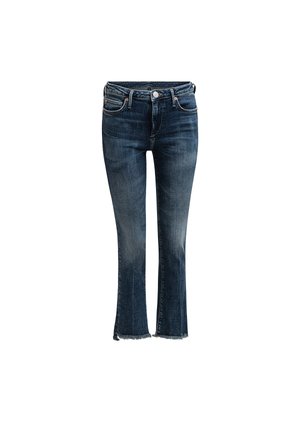 Donkerblauwe denim flare jeans met een licht rafelige zoom en zij-inserties. Heeft een medium taille en een klassieke 5-pocket stijl.